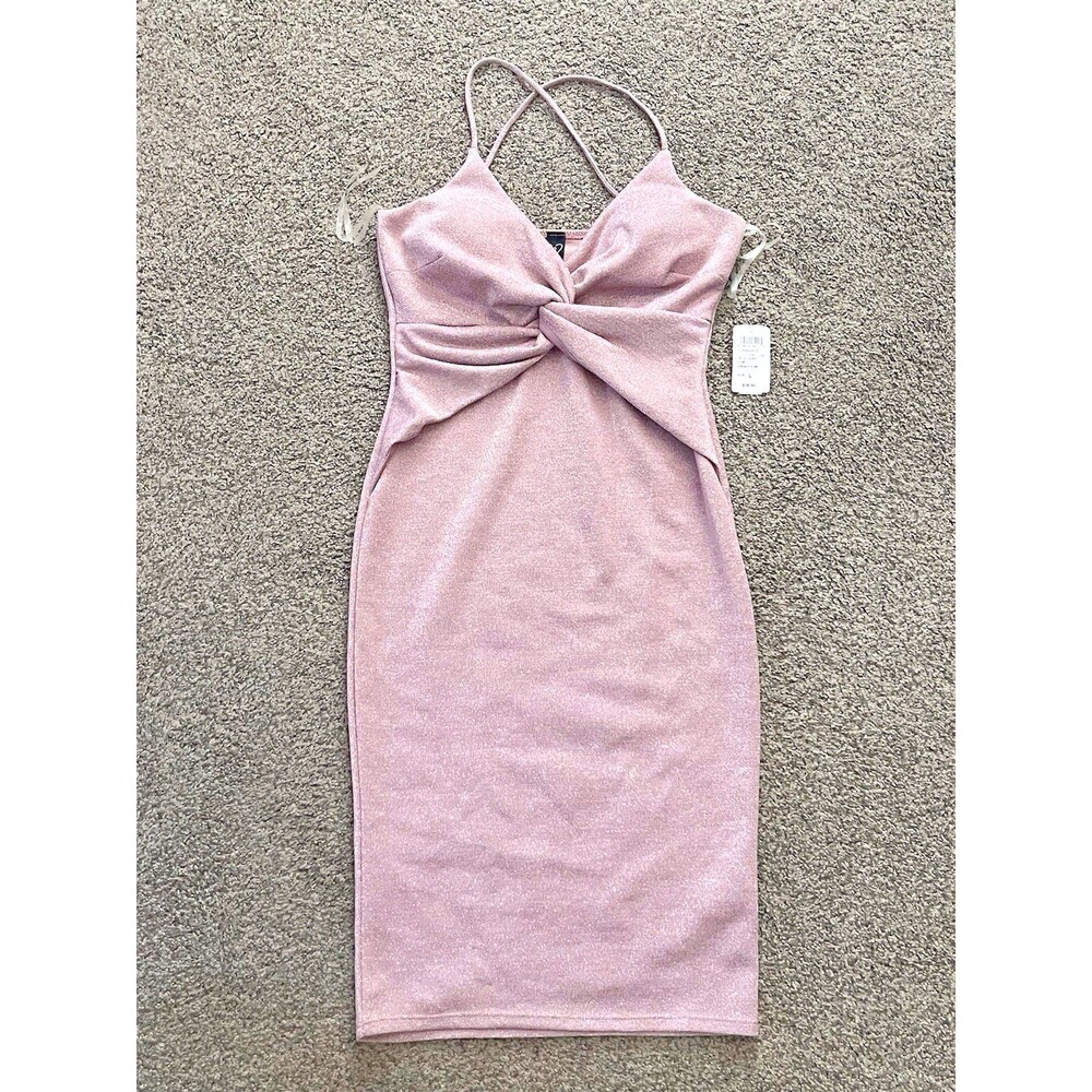 Windsor Glitter Pink Bodycon Mini Dress V-Neck Strappy Stretch Size L New